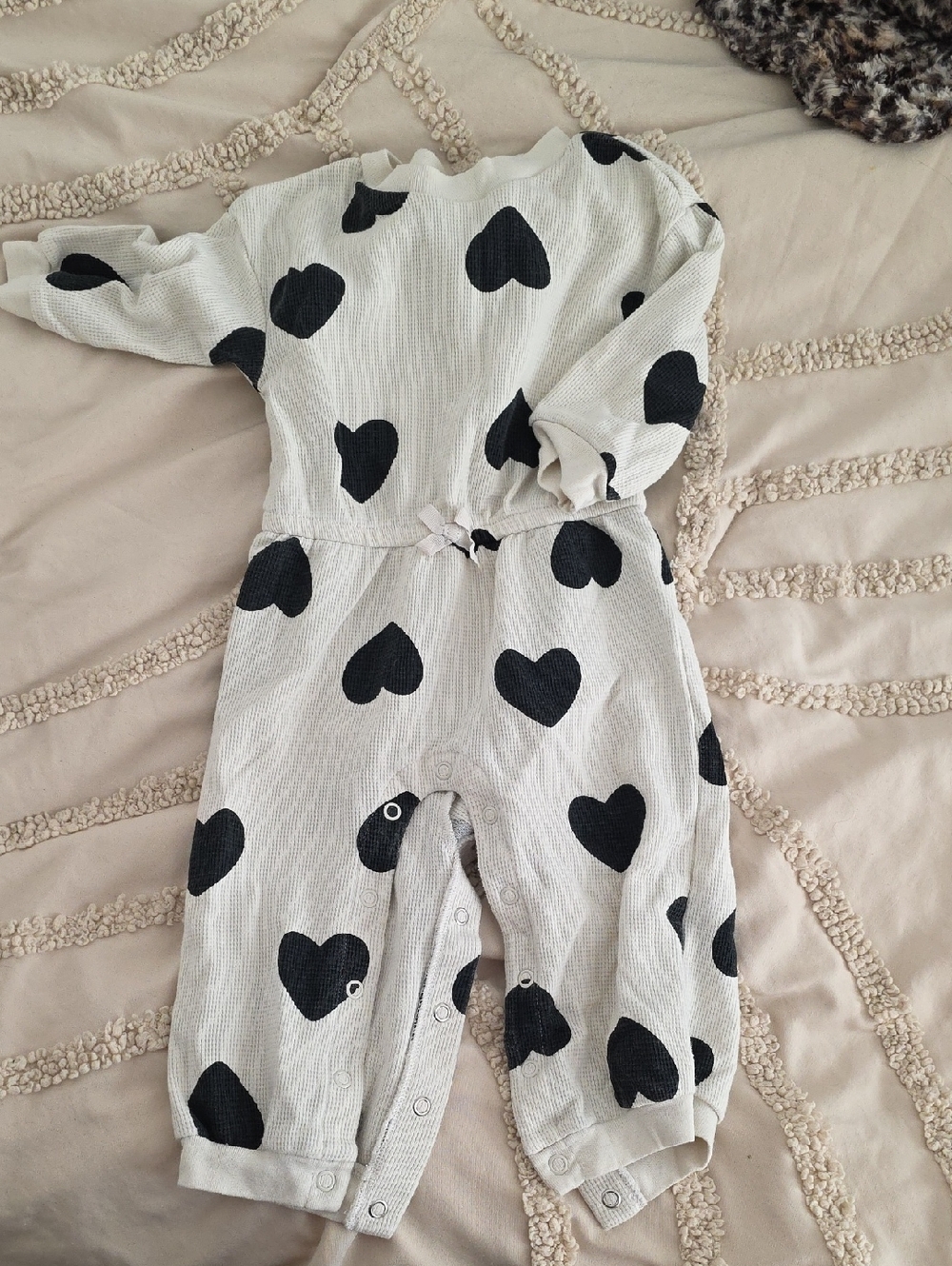 Carter's Cream Waffle-Knit Romper with Black Heart Accents